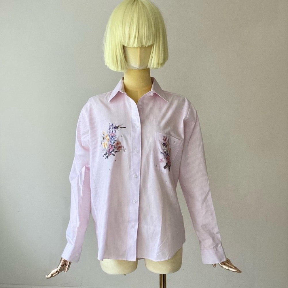 Apache Pink Button Down Stripe Floral Embroidery Shirt SZ S